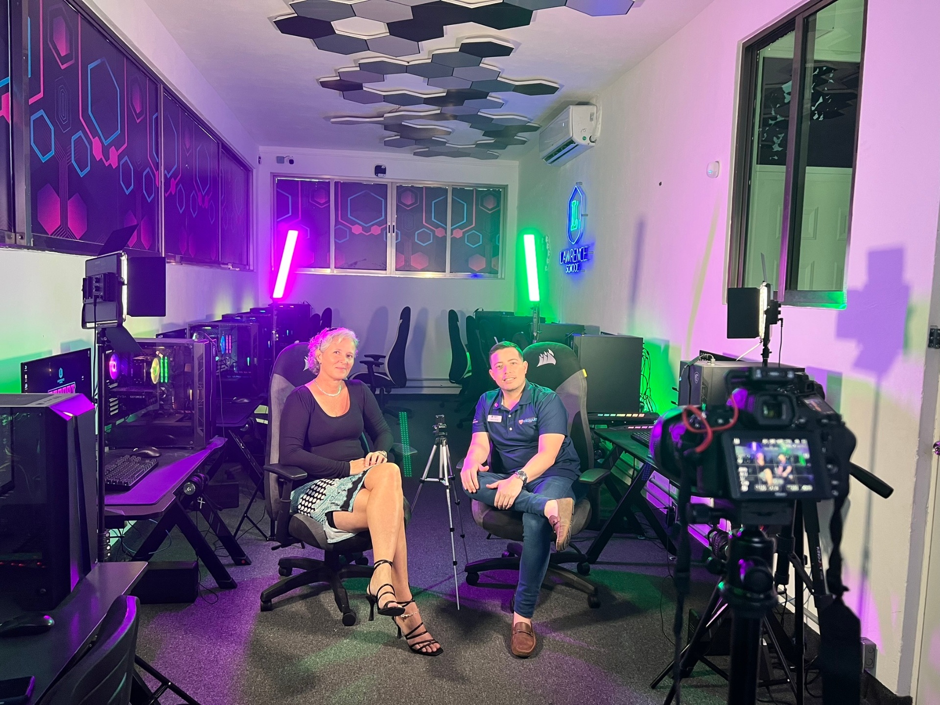On camera at an esports school. Talking product with the founder.